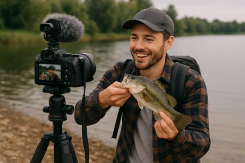 釣り場でVlogを撮影している様子
