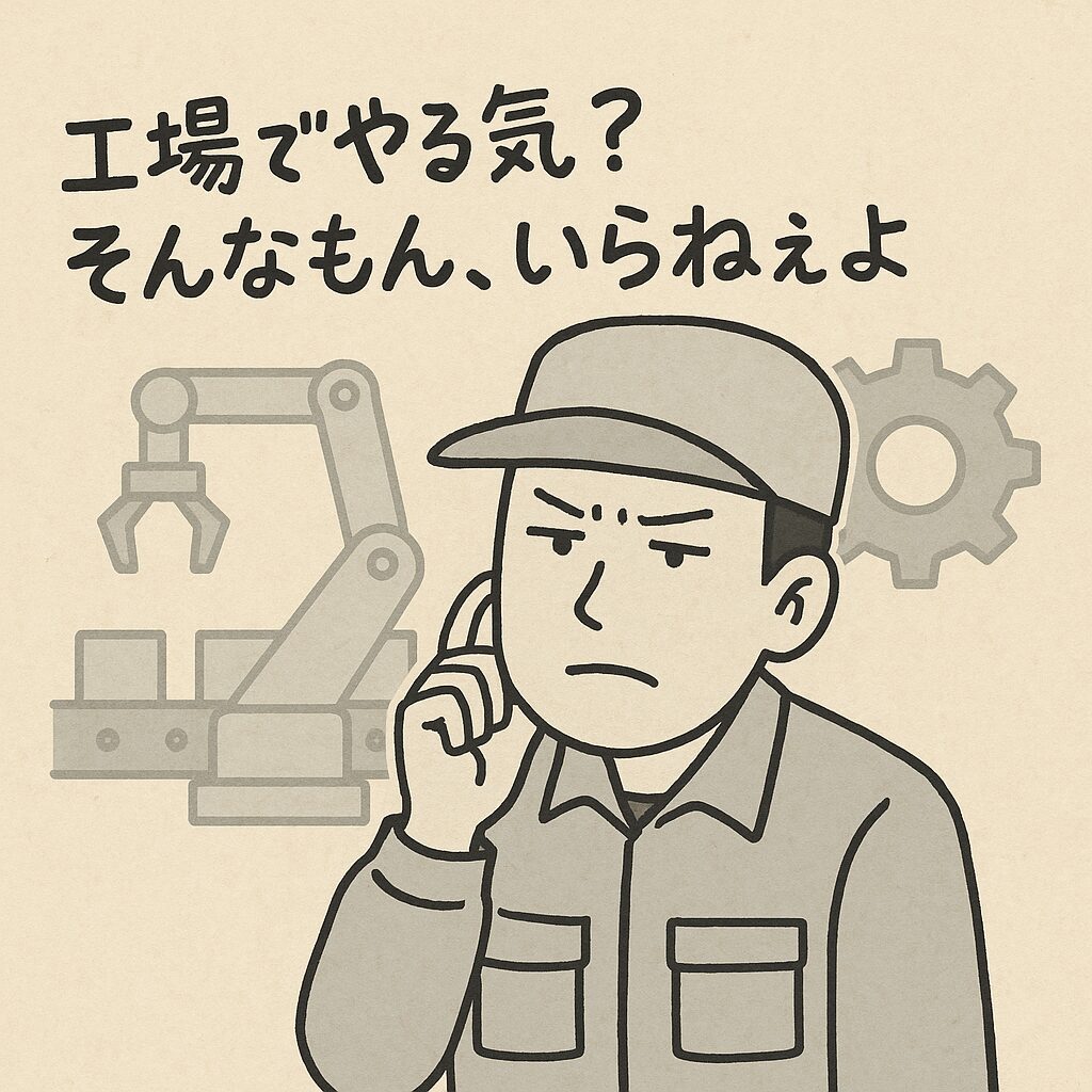 工場にやる気は必要ないと訴えるイラスト
