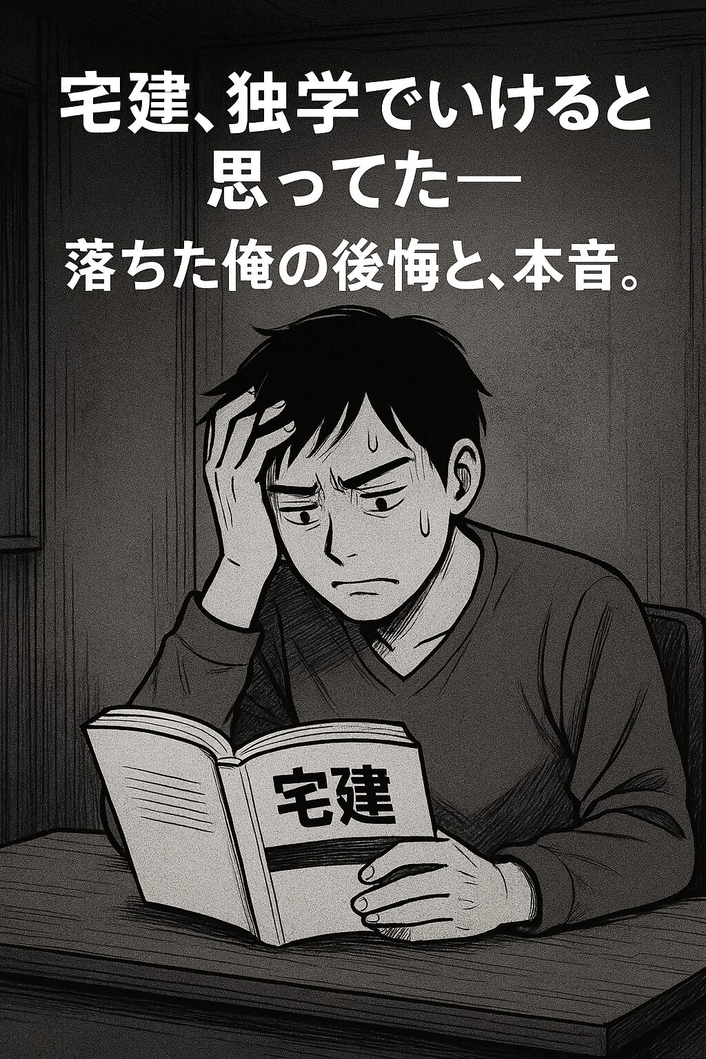 1人で机に向かって宅建の参考書を開いている男。