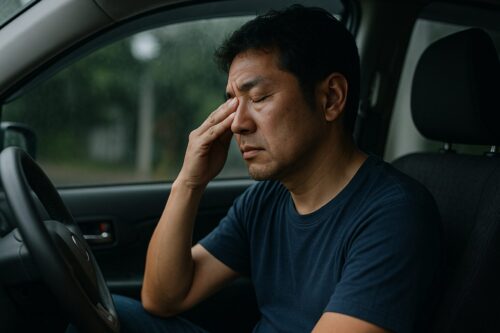 車の中で冷静さを取り戻そうとする男性