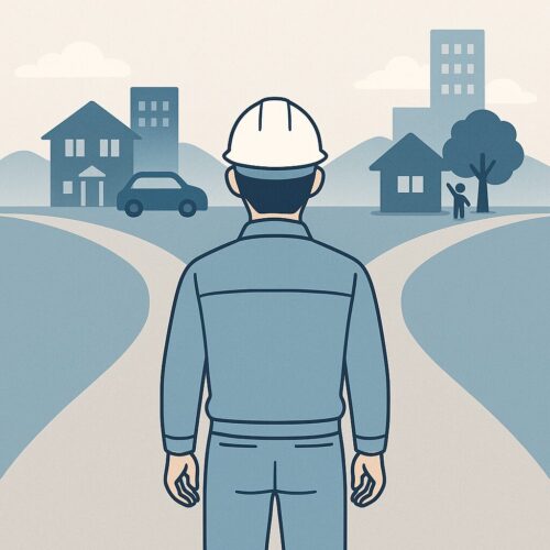 「分かれ道に立つ現場作業員」