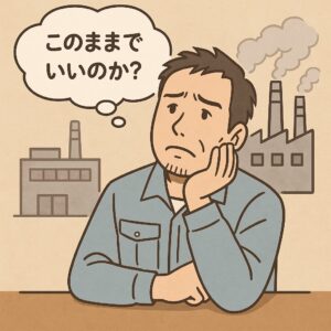 工場作業着の男性が、うつむいて考え込んでいるシーン


