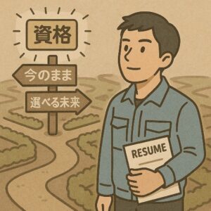 分岐点の看板に「今のまま」と「選べる未来」がある