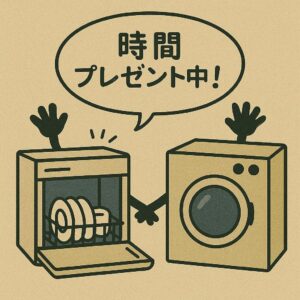 食洗機＆乾燥機が「時間プレゼント中！」って吹き出し出してる