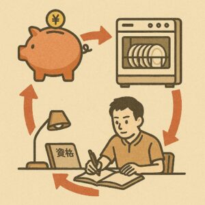 “貯金箱 → 食洗機 → デスクで資格勉強”みたいな成長ループ図解風