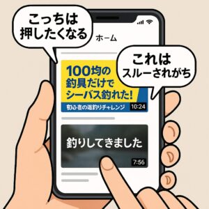 「スマホ画面に表示された2つのYouTube動画サムネイルを比較。左の動画は目を引くデザインと具体的なタイトルでクリックされており、右の動画は暗い印象でスルーされている。“クリックされるかどうかはサムネとタイトル次第”という解説付き」