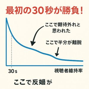 「視聴者維持率を示す横グラフのイラスト。最初の30秒で大きく視聴者が離脱し、その後ゆるやかに下がる。離脱ポイントに矢印と『ここで半分が離脱』などの注釈付き。“視聴者の興味をどこで失っているか”を可視化した図解」