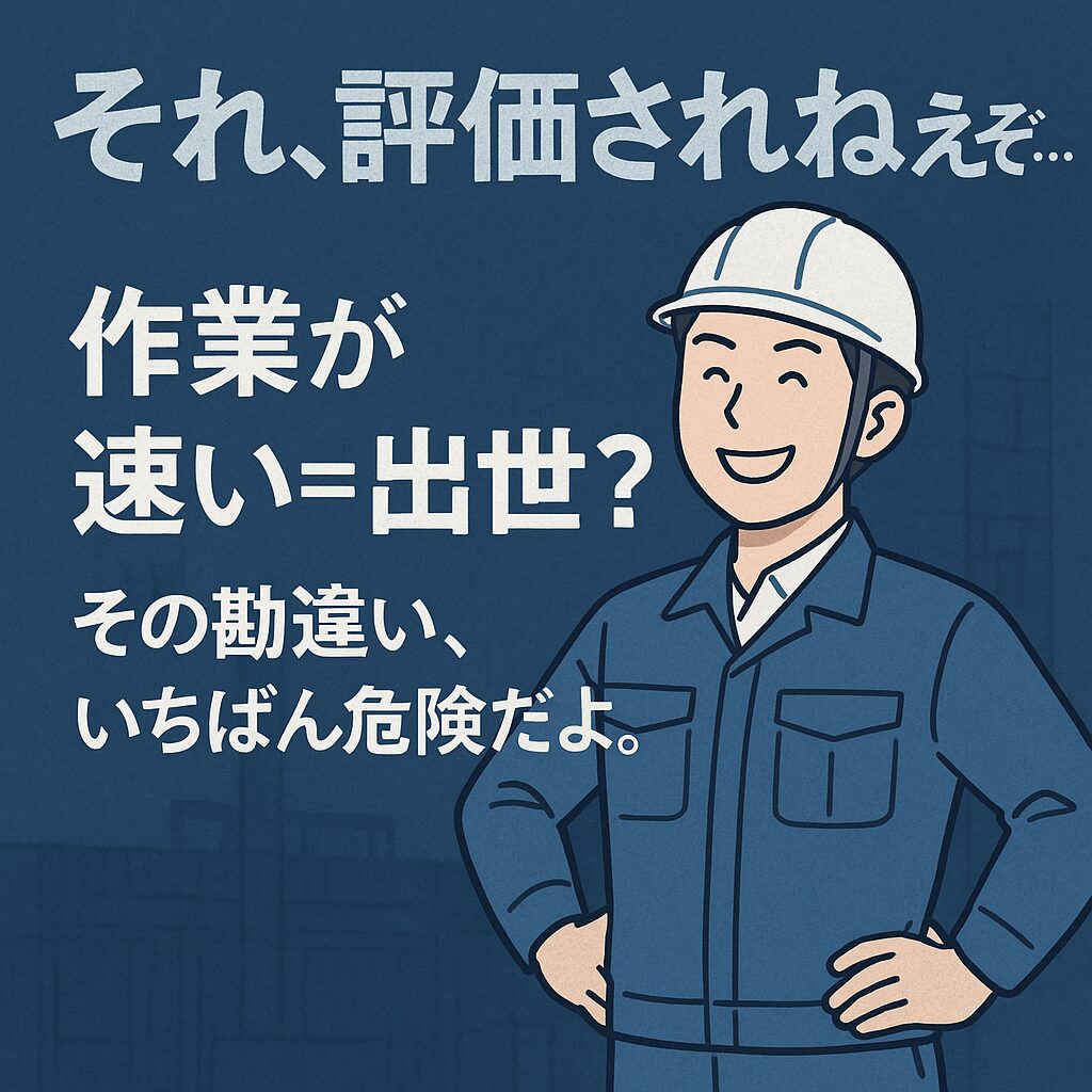 「胸を張る工場作業員のイラストと、『それ、評価されねぇぞ… 作業が速い＝出世？ その勘違い、いちばん危険だよ。』という青系デザインの注意喚起サムネ。」