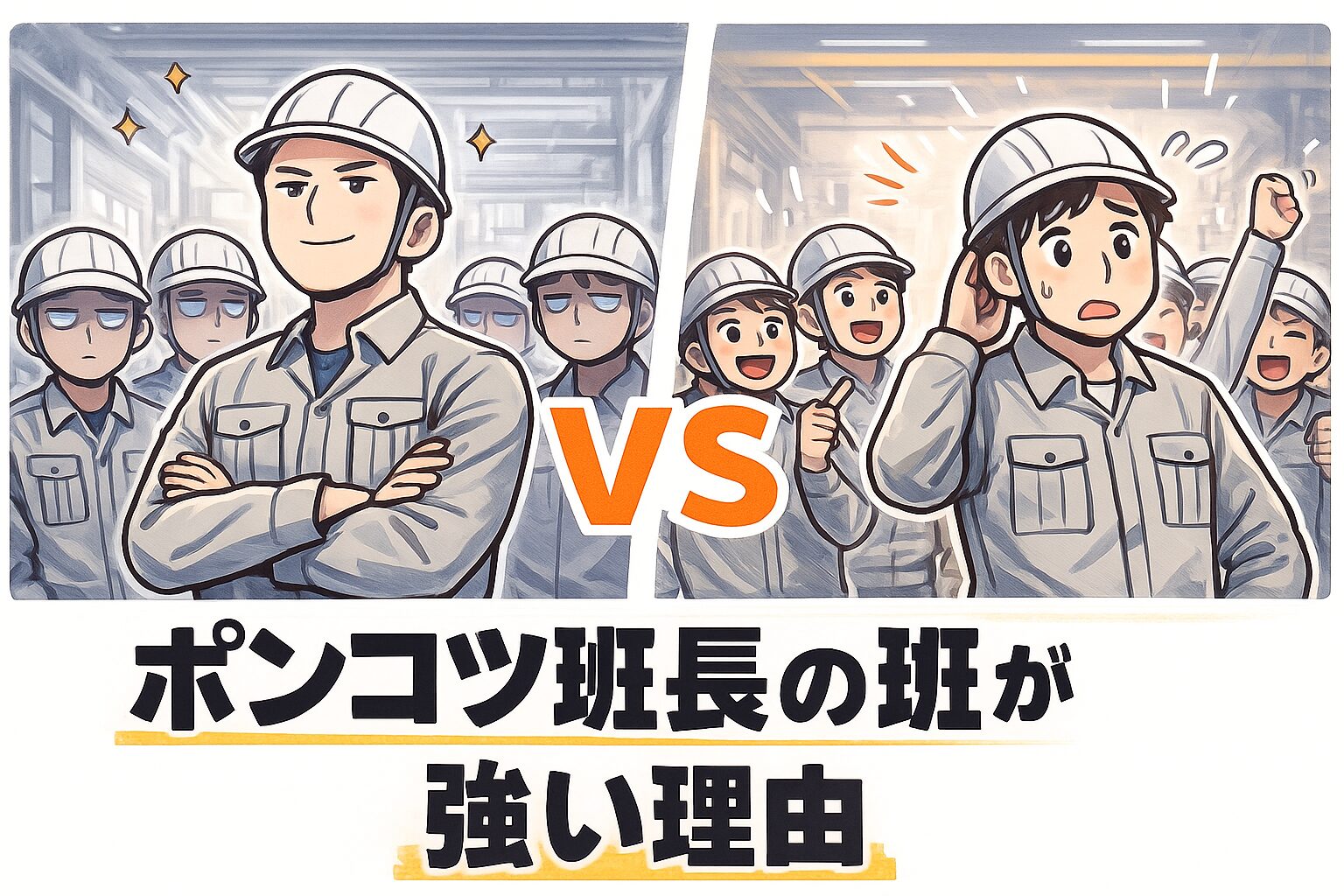 「完璧なリーダーとポンコツ気味のリーダーを対比したイラスト。完璧リーダーの班は静かで意見が出ず、ポンコツリーダーの班は活気があり意見が出る様子を描いた画像。」