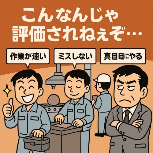 「工場で作業が速いだけでドヤ顔の作業員と、困った表情の上司を描いたギャグ漫画風イラスト。作業スピードは出世に直結しないことを示す場面。」
