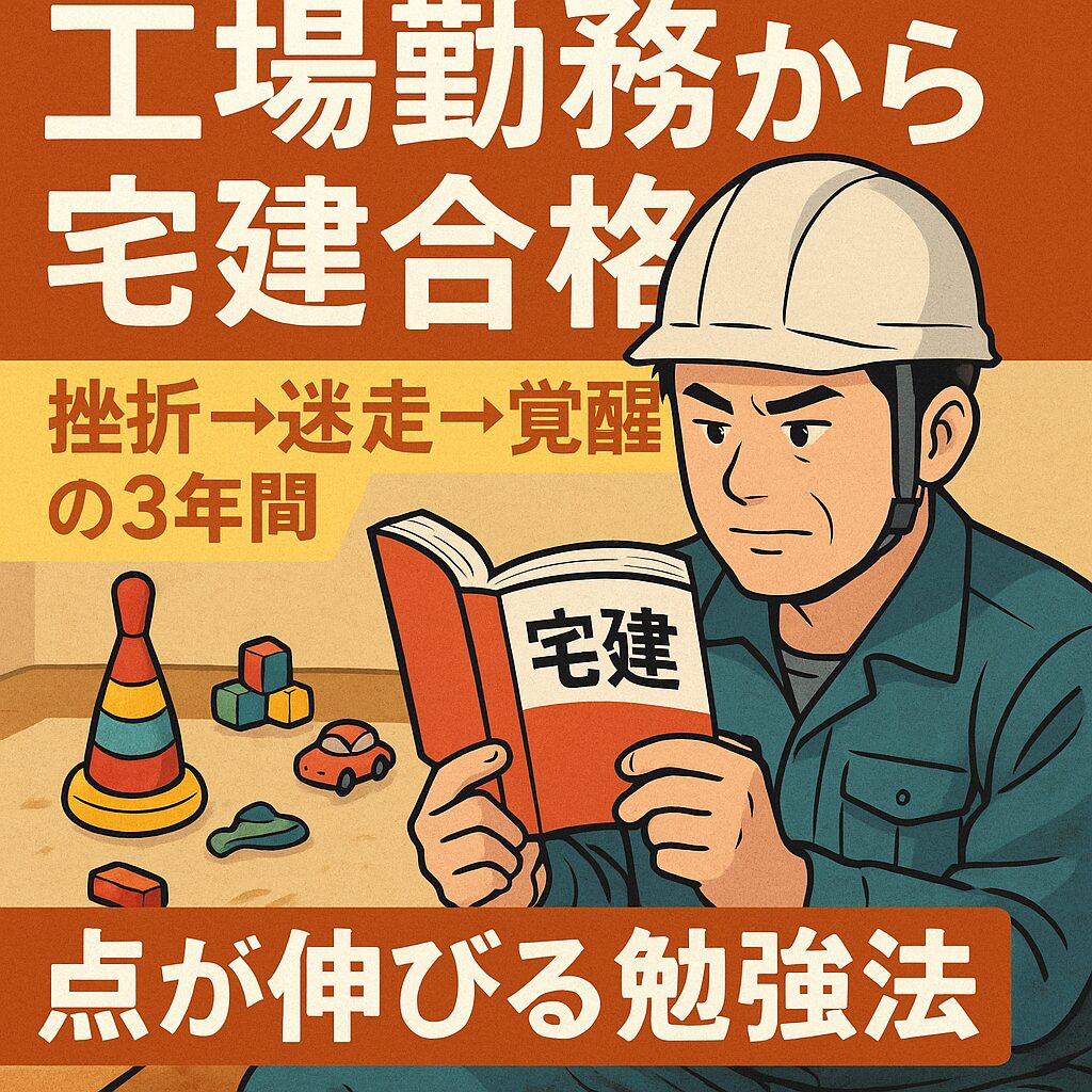 工場の作業着の父ちゃんが安全帽のまま宅建のテキストを開いてる姿
