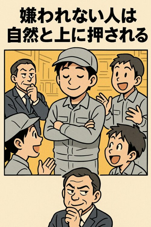 「柔らかい雰囲気の作業員の周りに仲間が自然に集まり、背後で上司が昇格候補として見守っているギャグ漫画風2コマイラスト。嫌われない態度が工場でのリーダーに繋がる様子。」