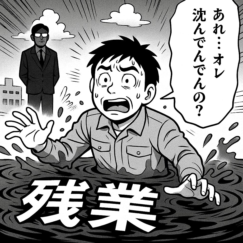 残業という沼に沈んでいく現場作業員のギャグ漫画風イラスト
