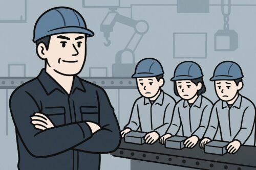 「工場ラインで優秀なリーダーのもと、メンバーが委縮して静かに作業している様子のイラスト」