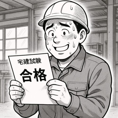 冷や汗かきながら合格通知を受け取り安どした様子の工場作業員。合格通知は宅建試験のもの。