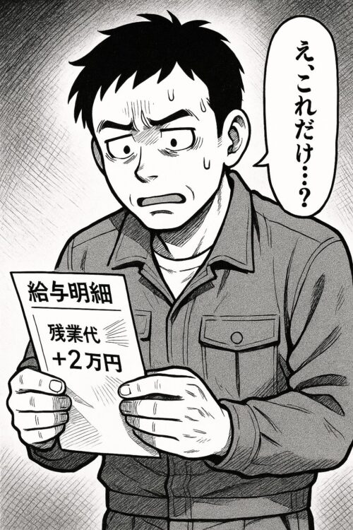 「残業しても手取りが少なくガッカリする作業員の漫画イラスト」