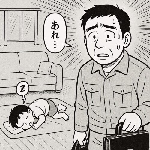 残業で帰宅が遅くなり、リビングで寝落ちした子どもを見る父のイラスト