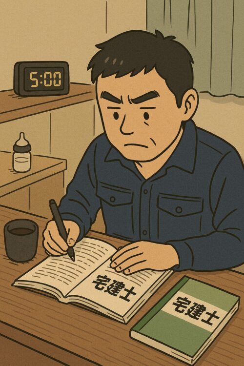 家族が寝ている早朝に、台所で宅建勉強する父親