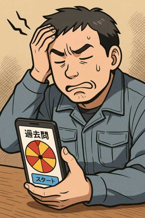 スマホのルーレットアプリで過去問が回り、頭を抱える作業服の男性