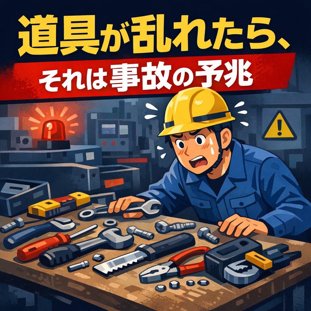 道具が乱れ、焦りの中で作業する現場作業員が事故の予兆を感じさせるイラスト