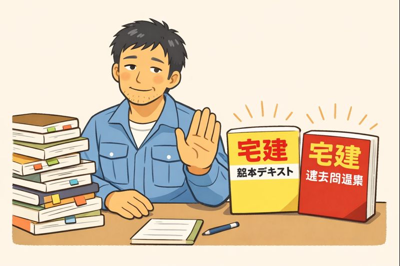 宅建教材が山積みになった机の前で「これ以上いらない」と示す作業着姿の男性イラスト
