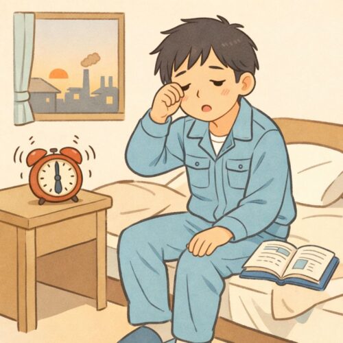 早朝に目覚ましで起きて眠そうな表情をしながら勉強を始める工場作業者のイラスト
