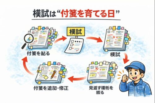 模試と付箋のルーティンを円で示した図。「模試は“付箋を育てる日”」「付箋を貼る→模試→見直す範囲を絞る→付箋を追加・修正」の流れ。