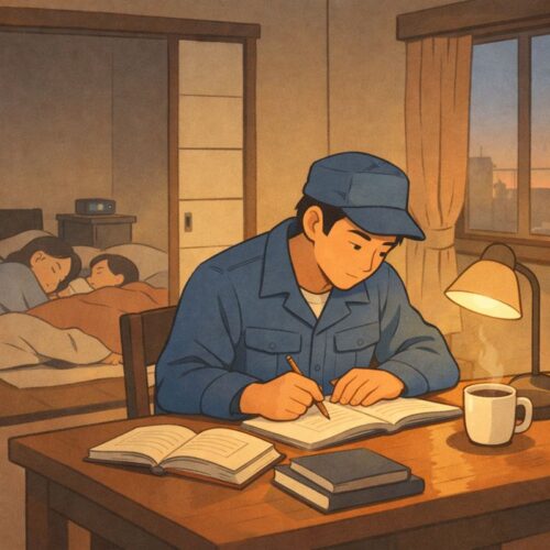 家族が寝ている早朝に静かなリビングで宅建の勉強をする工場作業者のイラスト
