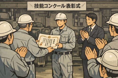 技能コンクールで金賞を受賞する工場作業員を描いたイラスト。