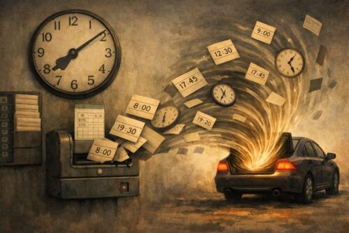 時計とタイムカードから流れ出た時間が車に吸い込まれていく様子を描いたイラスト。車が人生の時間を奪うことを表現