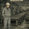 仕事がなく立ち尽くす工場作業員を描いたイラスト。暇な現場の不安な空気を表現。