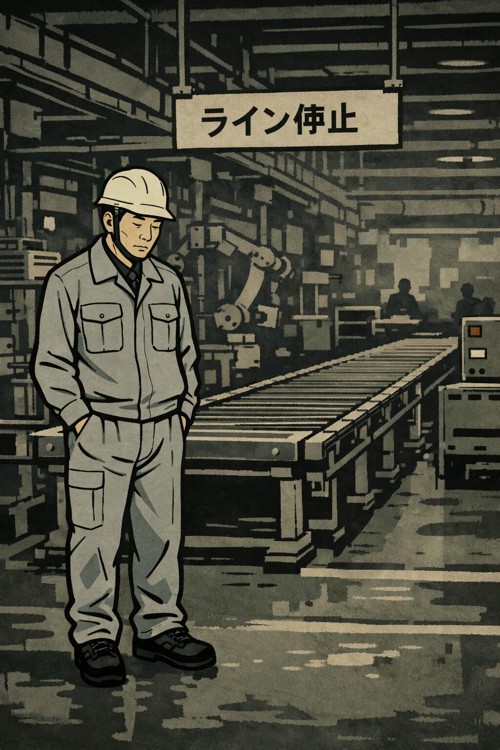 仕事がなく立ち尽くす工場作業員を描いたイラスト。暇な現場の不安な空気を表現。