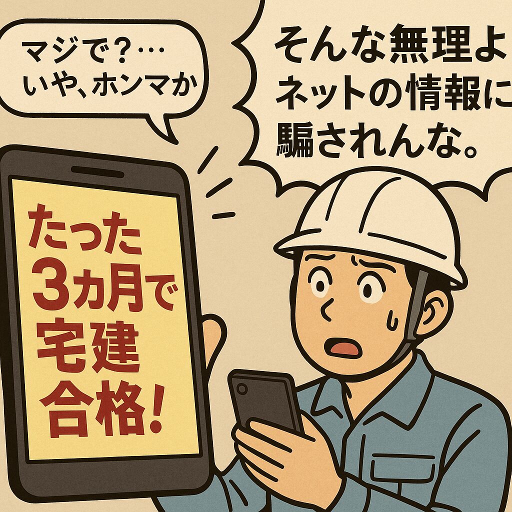 短期間で宅建に合格できるという広告を見て驚く現場作業員と、それを止める先輩の漫画風イラスト。