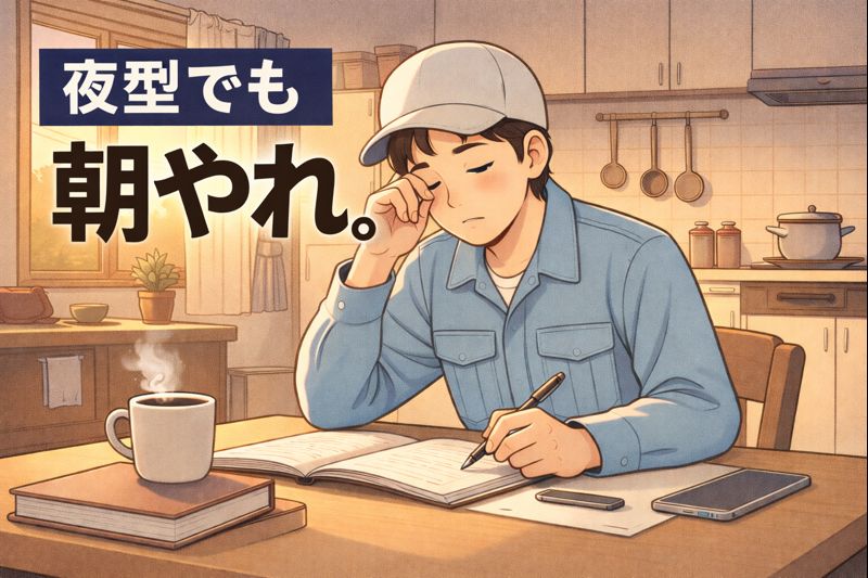 夜型でも朝に宅建の勉強をする工場作業者を描いたブログサムネイル用イラスト