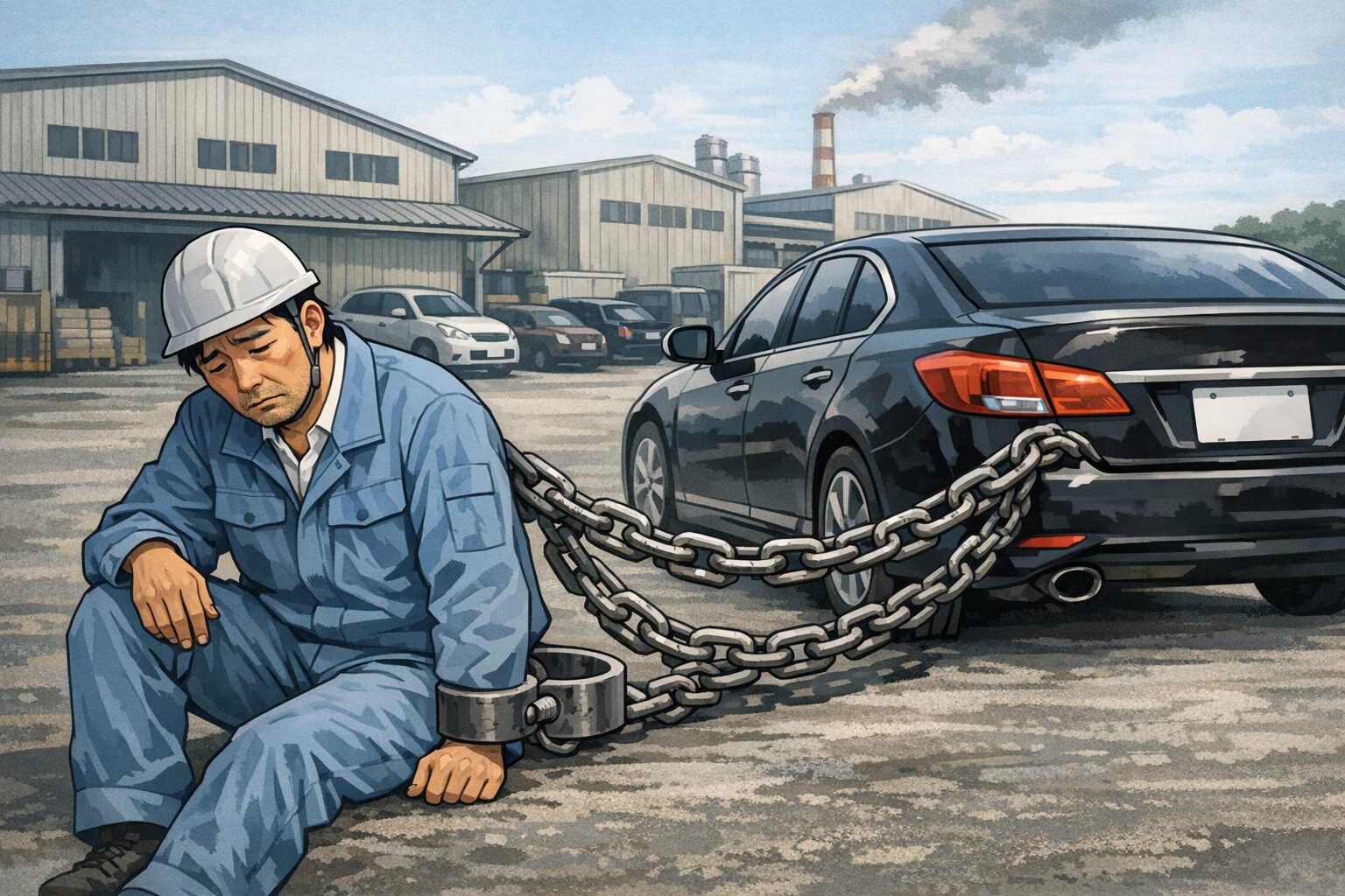 車に鎖でつながれ、重たい車を引きずる人のシルエット。車が人生の負担になっていることを象徴したイラスト