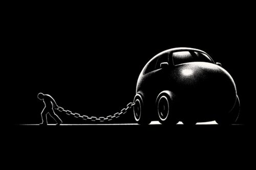 車に鎖でつながれ、重そうな車を引きずりながら歩く男性のシルエット。車のローンに縛られた人生を象徴するイメージ