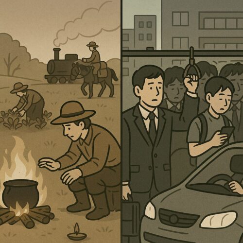 シンプルな昔の生活と便利だがしばられたように働く人々の姿。