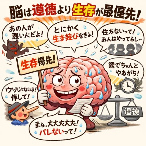 汗をかいた擬人化された脳が、必死にごまかす表情で紙を読み上げながら嘘を並べているイラスト。脳は「生存優先」と書かれた看板を持ち、周囲には「とにかく生き延びなきゃ」「みんなやってる」「仕方ない」といった言い訳の吹き出しが飛び交う。横には道徳を示す天秤や時計があり、脳が道徳より生存を優先している様子をユーモラスに表現している。
