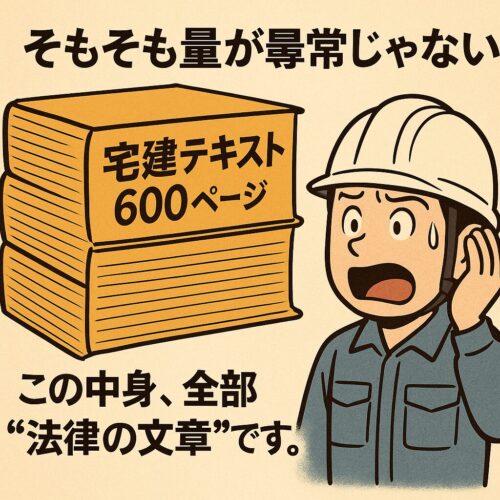 宅建テキスト600ページ」と書かれた分厚い本の山を見上げて驚く作業着の男性の漫画風イラスト。
