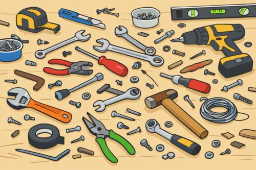 定位置に戻されず乱れた工具が並ぶ作業台の様子