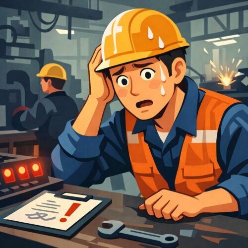 作業中に重大なミスに気づき立ち止まる現場作業員のイラスト