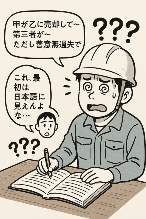 宅建の難解な文章問題を前に、頭に「???」を浮かべて固まる作業着の男性の漫画イラスト。