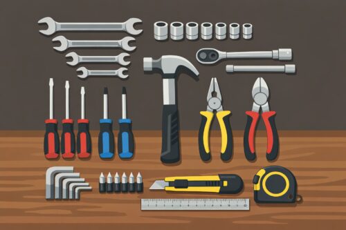 定位置に整理された工具が心の落ち着きを表す作業台のイラスト