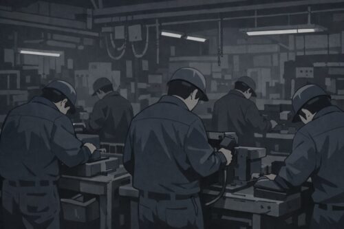 疲れた様子で作業する工場作業員を描いたイラスト
