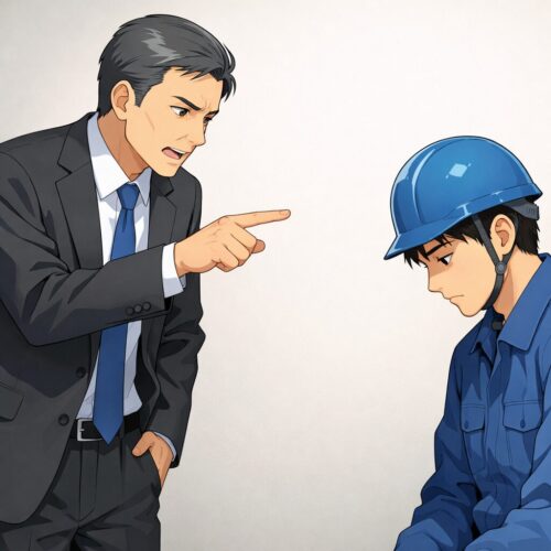 職場で注意を受け、緊張して黙り込む作業員のイラスト
