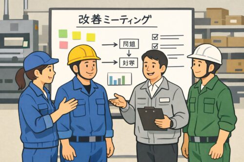 工場現場で改善について話し合う管理職と作業員のイラスト
