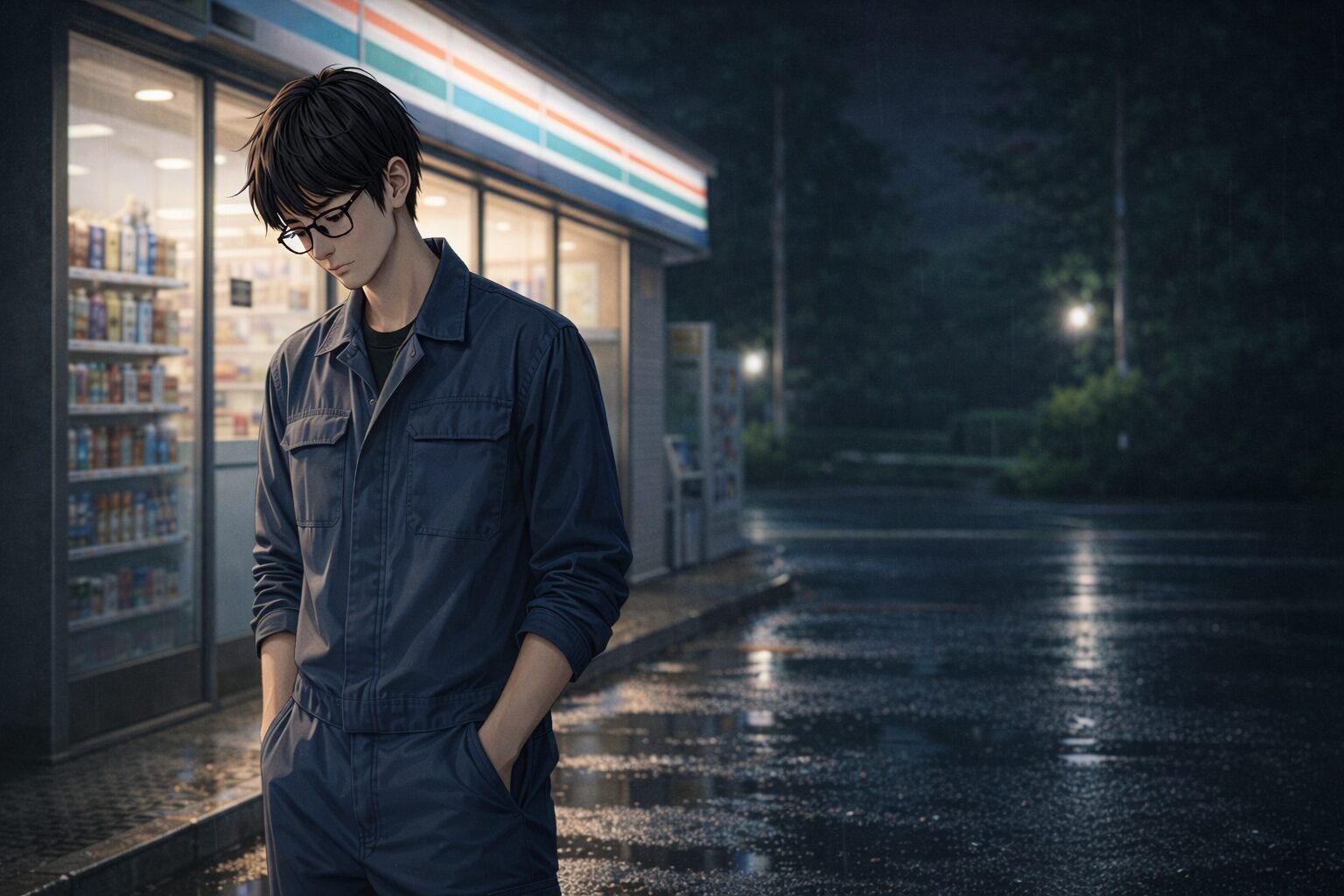 コンビニ前で人生に悩む青年
