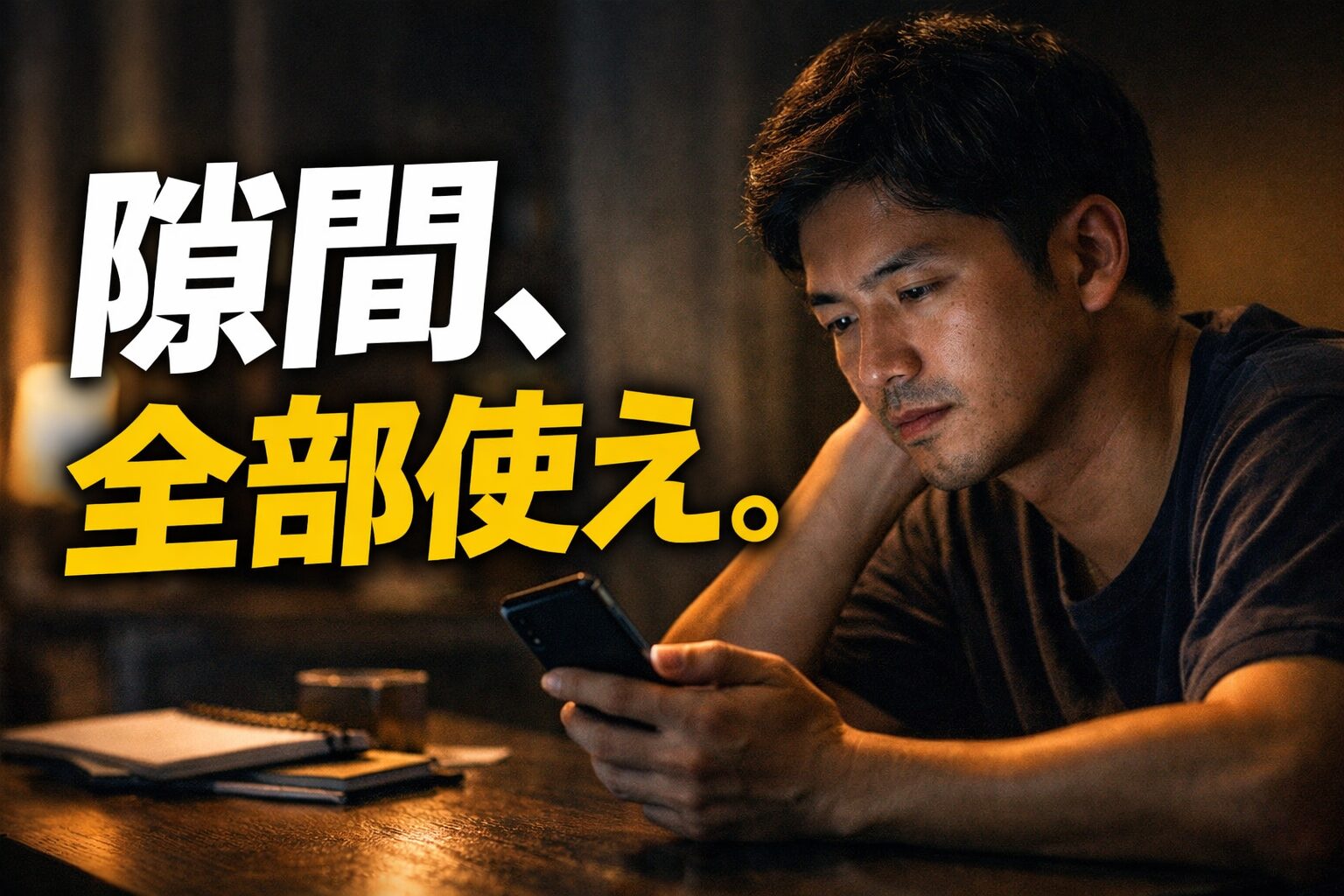 仕事終わりにスマホで宅建の勉強をする社会人。机に向かれない隙間時間を活用して学習している様子