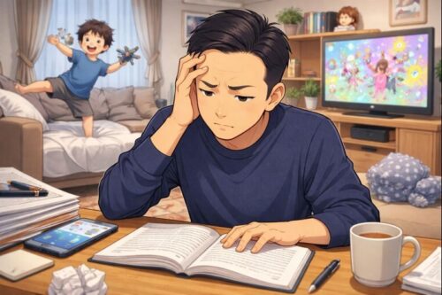 家での宅建学習に苦戦する青年の様子。