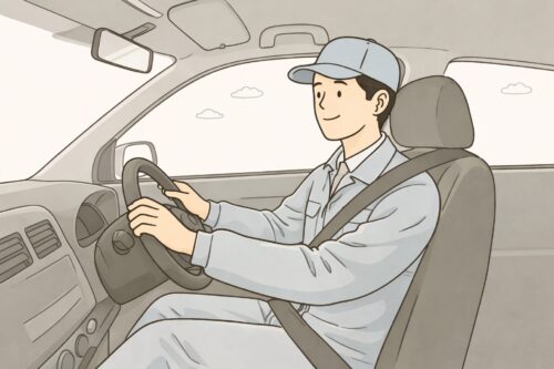 通勤中にイヤホンをつけて音声講義を聞く社会人。宅建の聞き流し学習をしている様子
